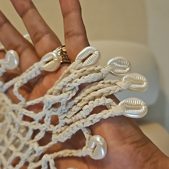 Hand Crafted Tan Crop-Top Fishnet triangular Design Hand Knit Crochet Swim Cover - Picture 11 of 17